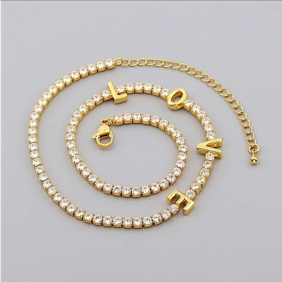 Gold Cubic Zircon Love Letter Choker Tennis Minimalist - Picture 7 of 7